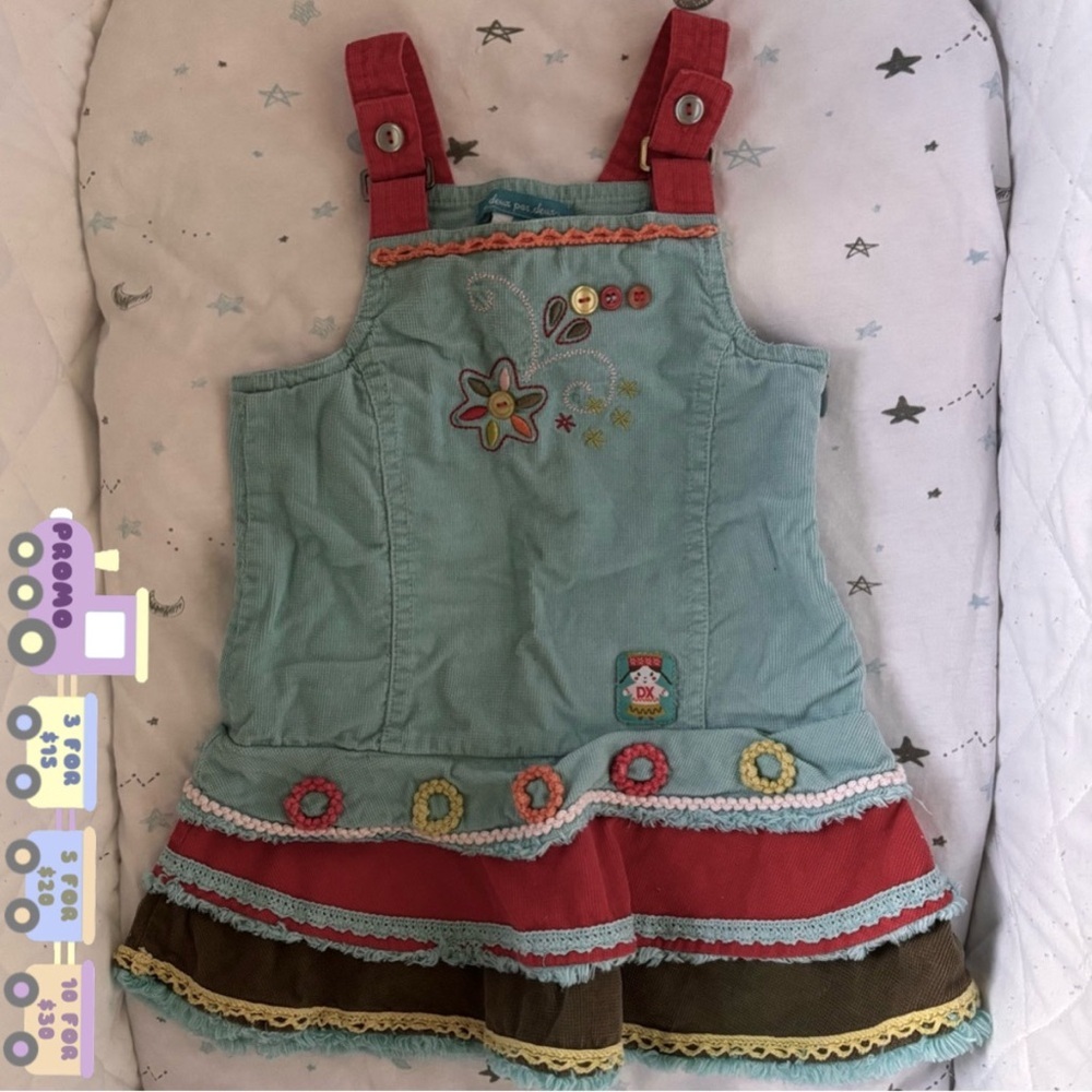 ⭒ 18M Deux Par Deux Unique Embroidered Dress Floral Design Buttons Ruffles ⭒